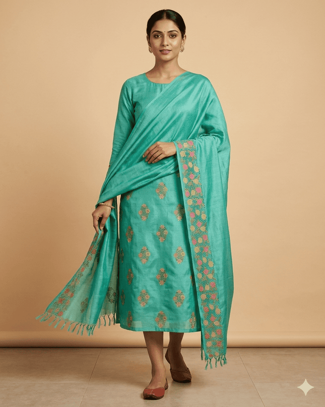 Sea Green Pure Kosa Silk Kurti & Dupatta Set With Embroidered Border - Kanishk Silk