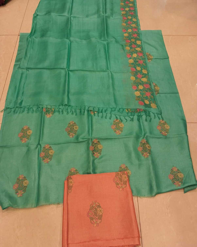 Sea Green Pure Kosa Silk Kurti & Dupatta Set With Embroidered Border - Kanishk Silk