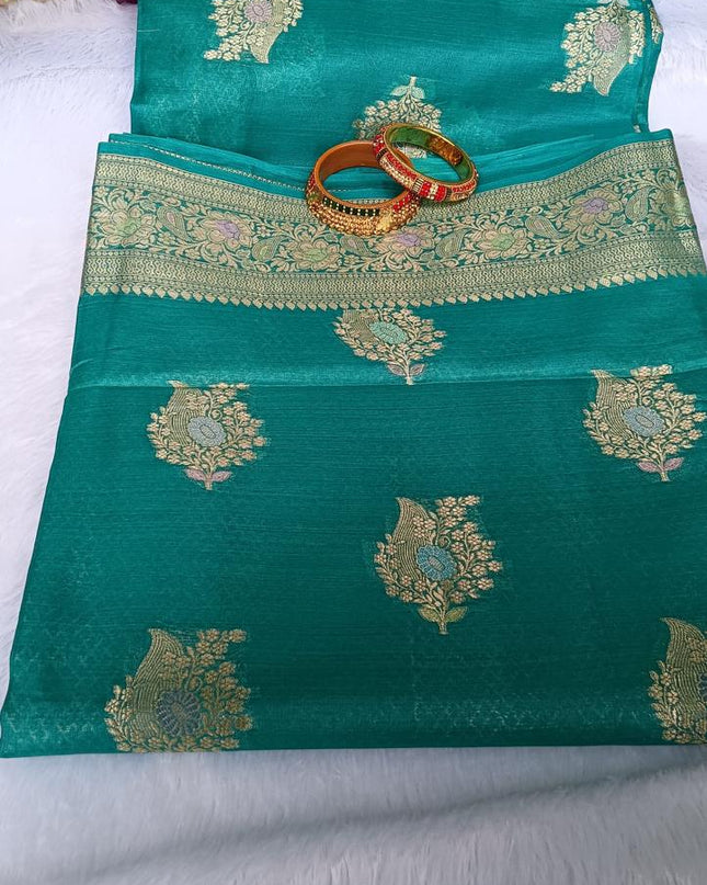 Teal Blue Pure Kosa Silk Saree with Golden Zari Weaving with Blouse (Silk Mark Certified) - Kanishk Silk