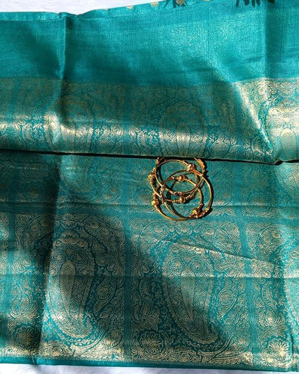 Teal Blue Pure Kosa Silk Saree with Golden Zari Weaving with Blouse (Silk Mark Certified) - Kanishk Silk