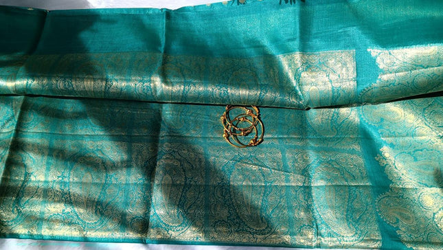 Teal Blue Pure Kosa Silk Saree with Golden Zari Weaving with Blouse (Silk Mark Certified) - Kanishk Silk