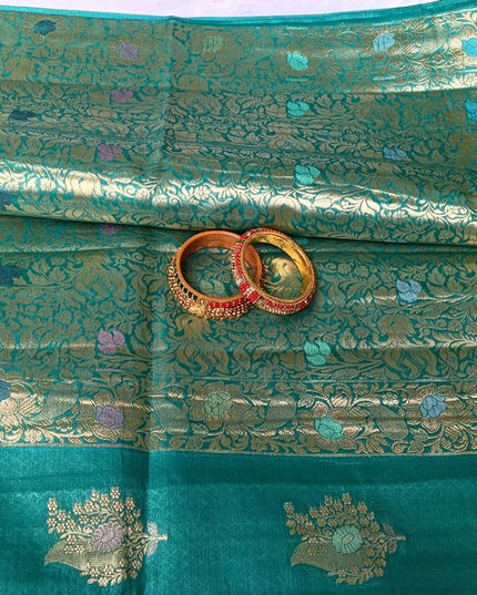 Teal Blue Pure Kosa Silk Saree with Golden Zari Weaving with Blouse (Silk Mark Certified) - Kanishk Silk