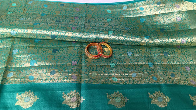 Teal Blue Pure Kosa Silk Saree with Golden Zari Weaving with Blouse (Silk Mark Certified) - Kanishk Silk