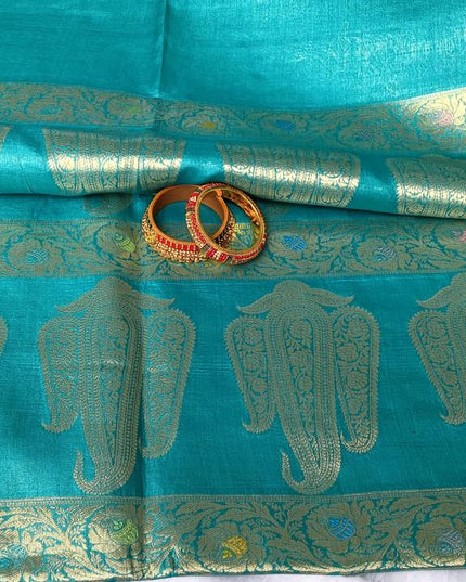 Teal Blue Pure Kosa Silk Saree with Golden Zari Weaving with Blouse (Silk Mark Certified) - Kanishk Silk
