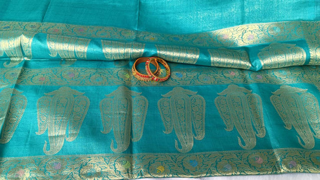 Teal Blue Pure Kosa Silk Saree with Golden Zari Weaving with Blouse (Silk Mark Certified) - Kanishk Silk