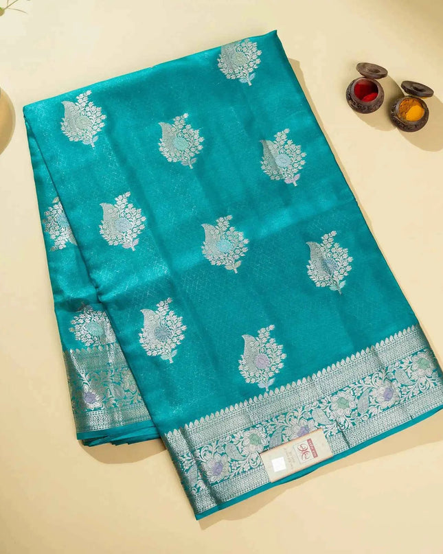 Teal Blue Pure Kosa Silk Saree with Golden Zari Weaving with blouse (Silk Mark certified) - Kanishk Silk