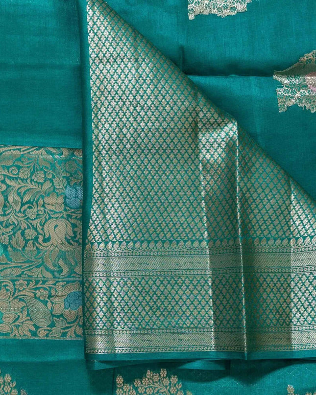 Teal Blue Pure Kosa Silk Saree with Golden Zari Weaving with blouse (Silk Mark certified) - Kanishk Silk