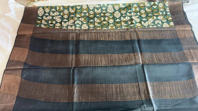 Teal, Olive & Off - White Pure Kosa Silk Saree with Block Print & Tussar Zari Border with Blouse (Silk Mark Certified) - Kanishk Silk