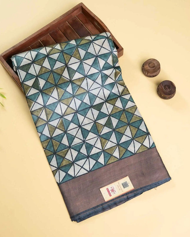 Teal, Olive & Off - White Pure Kosa Silk Saree with Block Print & Tussar Zari Border with Blouse (Silk Mark Certified) - Kanishk Silk
