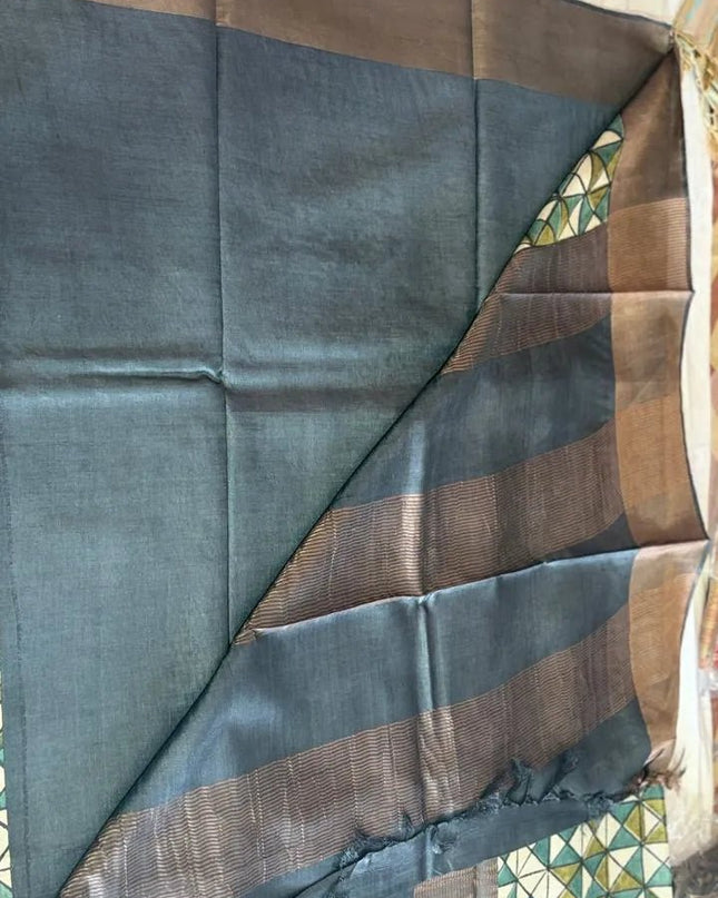 Teal, Olive & Off - White Pure Kosa Silk Saree with Block Print & Tussar Zari Border with Blouse (Silk Mark Certified) - Kanishk Silk