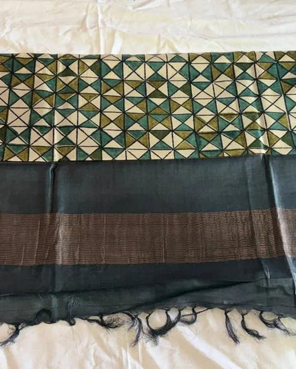 Teal, Olive & Off - White Pure Kosa Silk Saree with Block Print & Tussar Zari Border with Blouse (Silk Mark Certified) - Kanishk Silk