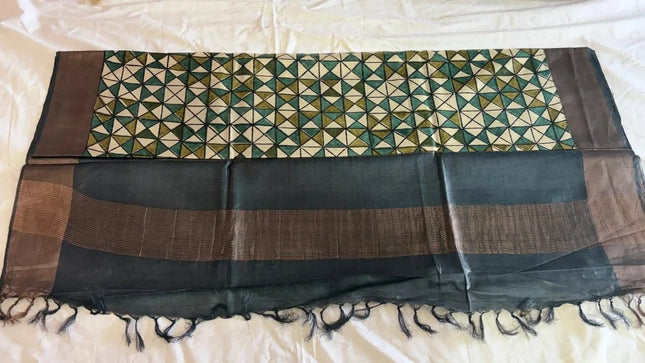 Teal, Olive & Off - White Pure Kosa Silk Saree with Block Print & Tussar Zari Border with Blouse (Silk Mark Certified) - Kanishk Silk