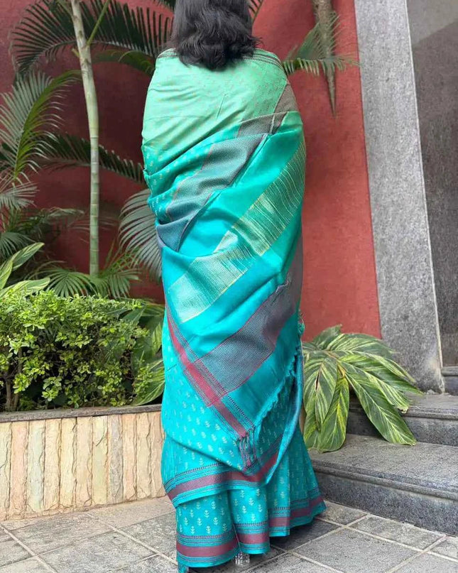 Three Shaded Teal Kosa Silk Saree with Tiny Buti Motifs with Blouse (Silk Mark certified) - Kanishk Silk