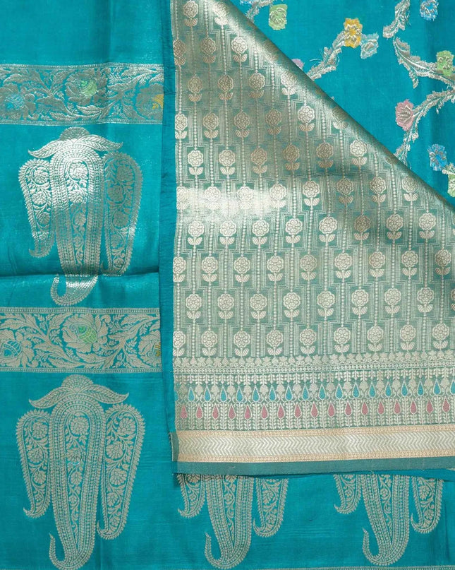 Turquoise Blue Pure Kosa Silk Saree with Golden Zari Weaving with blouse (Silk Mark certified) - Kanishk Silk