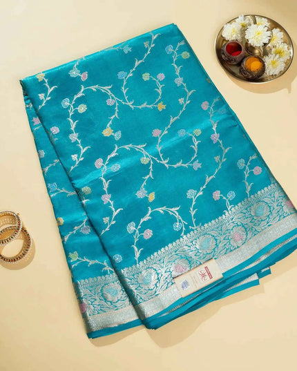 Turquoise Blue Pure Kosa Silk Saree with Golden Zari Weaving with blouse (Silk Mark certified) - Kanishk Silk