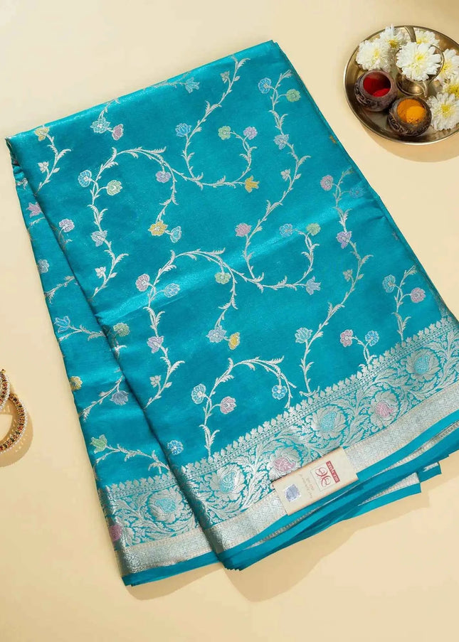 Turquoise Blue Pure Kosa Silk Saree with Golden Zari Weaving with blouse (Silk Mark certified) - Kanishk Silk