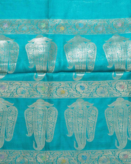 Turquoise Blue Pure Kosa Silk Saree with Golden Zari Weaving with blouse (Silk Mark certified) - Kanishk Silk