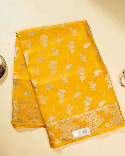 Yellow Pure Kosa Silk Saree with Golden Zari Weaving with blouse (Silk Mark certified) - Kanishk Silk