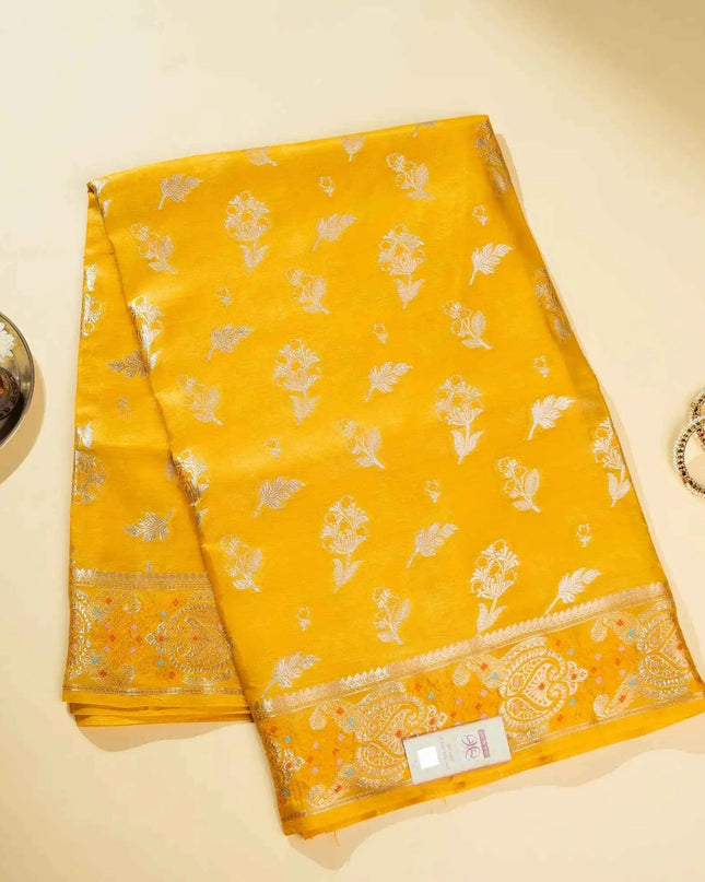 Yellow Pure Kosa Silk Saree with Golden Zari Weaving with blouse (Silk Mark certified) - Kanishk Silk