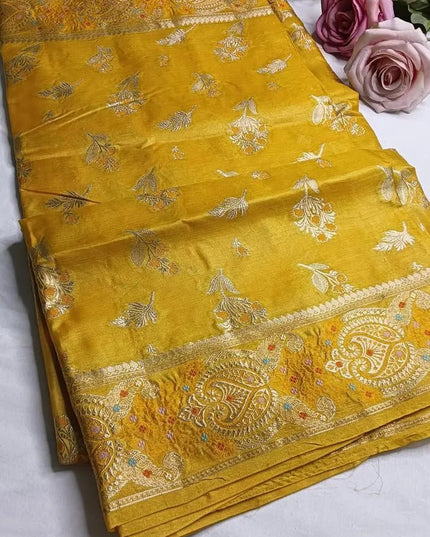 Yellow Pure Kosa Silk Saree with Golden Zari Weaving with blouse (Silk Mark certified) - Kanishk Silk