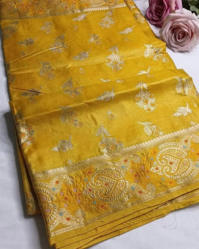 Yellow Pure Kosa Silk Saree with Golden Zari Weaving with blouse (Silk Mark certified) - Kanishk Silk