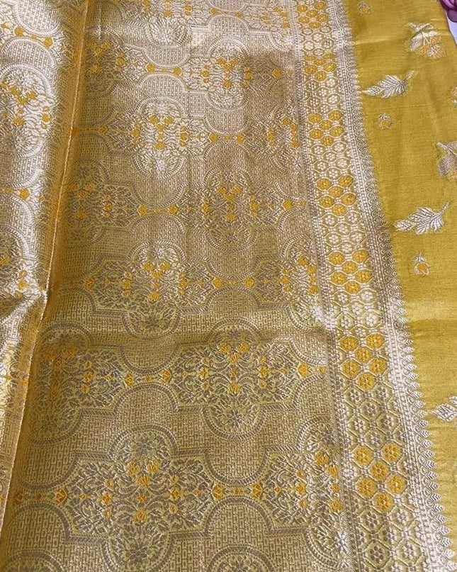 Yellow Pure Kosa Silk Saree with Golden Zari Weaving with blouse (Silk Mark certified) - Kanishk Silk
