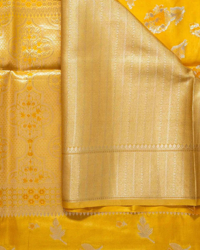 Yellow Pure Kosa Silk Saree with Golden Zari Weaving with blouse (Silk Mark certified) - Kanishk Silk